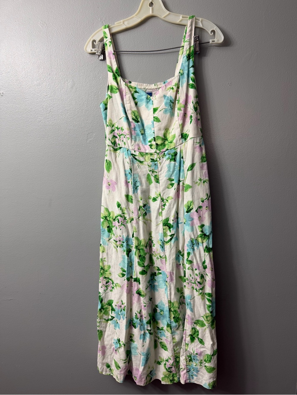 Old Navy Fit & Flare Linen-Blend Midi Dress white base with a green, blue, small - Picture 2 of 8